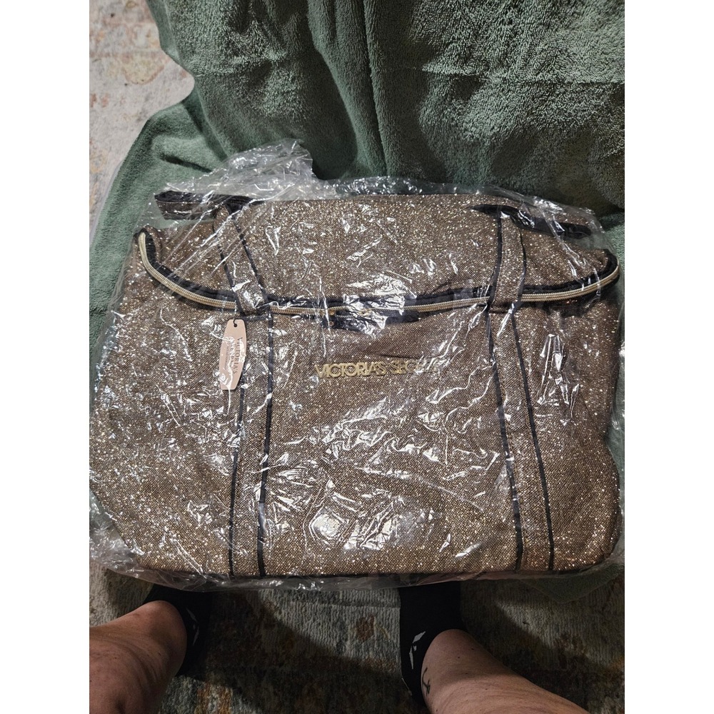 Victoria's Secret Duffle Bag Womens Large Gold Glitter Weekender Travel Sparkle